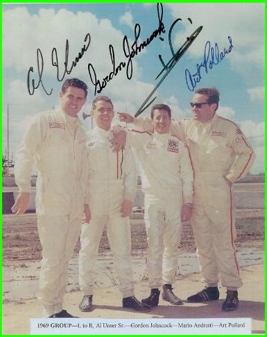 L-R: Unser, Johncock, Andretti & Pollard casing on Johncock for using the wrong brand of tires at Phoenix in 1969.